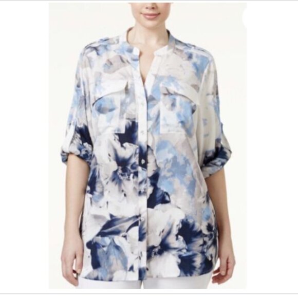 Calvin Klein Top Blue White Floral Button Up Roll Tab Sleeve Blouse, Size M - Picture 1 of 10